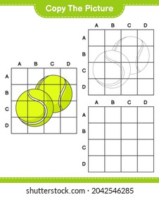 Copie la imagen, copie la imagen de Tennis Ball utilizando líneas de cuadrícula. Juego infantil educativo, hoja de cálculo imprimible, ilustración vectorial