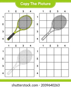 Copie la imagen, copie la imagen de Tennis Racket utilizando líneas de cuadrícula. Juego infantil educativo, hoja de cálculo imprimible, ilustración vectorial