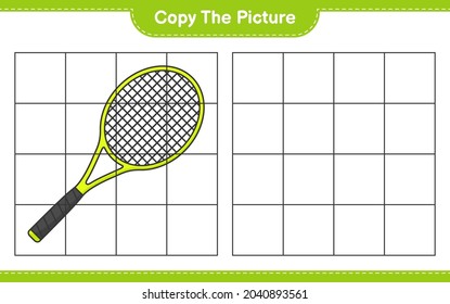 Copie la imagen, copie la imagen de Tennis Racket utilizando líneas de cuadrícula. Juego infantil educativo, hoja de cálculo imprimible, ilustración vectorial