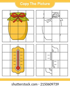 Copy the picture, copy the picture of Thermometer and Jam using grid lines. Educational children game, printable worksheet, vector illustration
