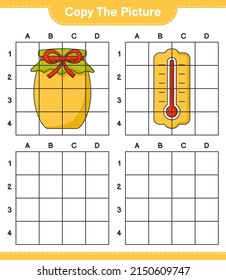 Copy the picture, copy the picture of Thermometer and Jam using grid lines. Educational children game, printable worksheet, vector illustration