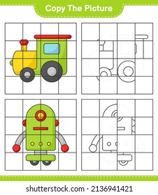 Copie la imagen, copie la imagen de Train y Robot Character utilizando líneas de cuadrícula. Juego infantil educativo, hoja de cálculo imprimible, ilustración vectorial