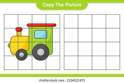 Copy the picture, copy the picture of Train using grid lines. Educational children game, printable worksheet, vector illustration