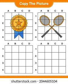 Copy the picture, copy the picture of Trophy and Badminton Rackets using grid lines. Educational children game, printable worksheet, vector illustration