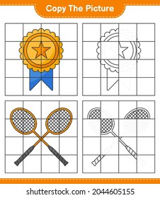 Copy the picture, copy the picture of Trophy and Badminton Rackets using grid lines. Educational children game, printable worksheet, vector illustration