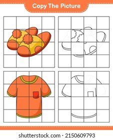 Copie la imagen, copie la imagen de Tshirt y Slippers utilizando líneas de cuadrícula. Juego infantil educativo, hoja de cálculo imprimible, ilustración vectorial