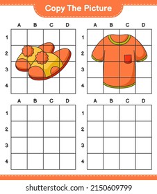 Copy the picture, copy the picture of Tshirt and Slippers using grid lines. Educational children game, printable worksheet, vector illustration