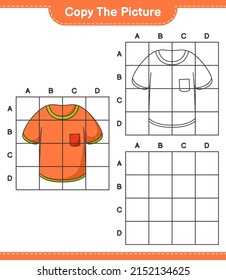 Copiar la imagen, copiar la imagen de la camiseta usando líneas de cuadrícula. Juego infantil educativo, hoja de cálculo imprimible, ilustración vectorial