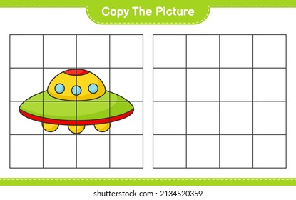 Copy the picture, copy the picture of Ufo using grid lines. Educational children game, printable worksheet, vector illustration