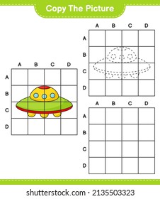 Copie la imagen, copie la imagen de Ufo utilizando líneas de cuadrícula. Juego infantil educativo, hoja de cálculo imprimible, ilustración vectorial