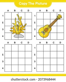 Kopieren Sie das Bild, kopieren Sie das Bild von Ukulele und Koral mit Gitterlinien. Kinderspiel, druckbares Arbeitsblatt, Vektorgrafik