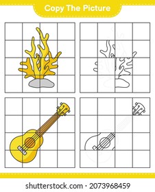 Copia la imagen, copia la imagen de Ukulele y Coral usando líneas de cuadrícula. Juego infantil educativo, hoja de cálculo imprimible, ilustración vectorial