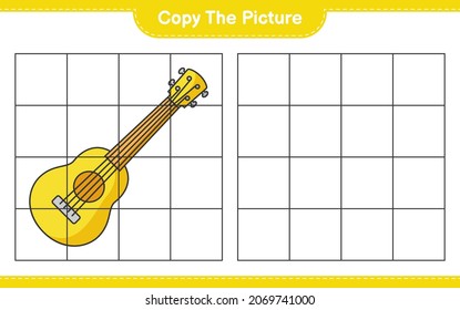 Copy the picture, copy the picture of Ukulele using grid lines. Educational children game, printable worksheet, vector illustration