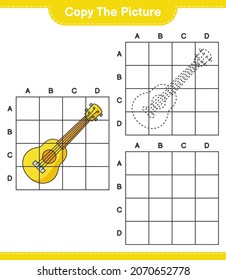 Copy the picture, copy the picture of Ukulele using grid lines. Educational children game, printable worksheet, vector illustration