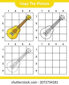Copy the picture, copy the picture of Ukulele using grid lines. Educational children game, printable worksheet, vector illustration