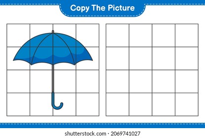 Kopieren Sie das Bild und kopieren Sie das Bild von Umbrella mithilfe von Rasterlinien. Kinderspiel, druckbares Arbeitsblatt, Vektorgrafik