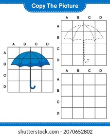 Copy the picture, copy the picture of Umbrella using grid lines. Educational children game, printable worksheet, vector illustration