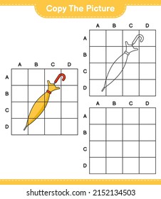 Copie la imagen, copie la imagen del paraguas utilizando líneas de cuadrícula. Juego infantil educativo, hoja de cálculo imprimible, ilustración vectorial