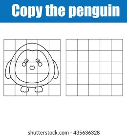 Copy the picture using a grid children educational drawing game. Coloring page with penguin