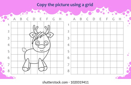 Copy the picture using a grid. Educational game for children. How to draw cute cartoon reindeer