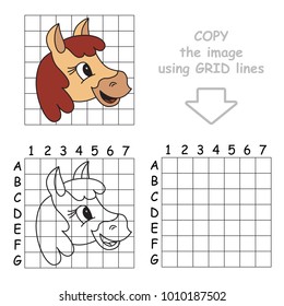 Copy the Picture Using Grid Lines, the Simple Educational Game for Preschool Children Education with Easy Gaming Level, the Kid Drawing Game with Beautiful Brown Horse Face