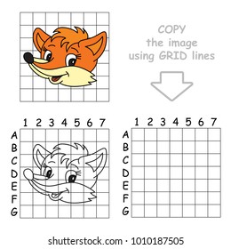 Copy the Picture Using Grid Lines, the Simple Educational Game for Preschool Children Education with Easy Gaming Level, the Kid Drawing Game with Beautiful Red Fox Head