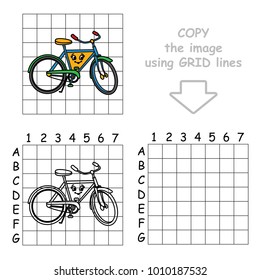 Copy the Picture Using Grid Lines, the Simple Educational Game for Preschool Children Education with Easy Gaming Level, the Kid Drawing Game with Beautiful Funny Bicycle