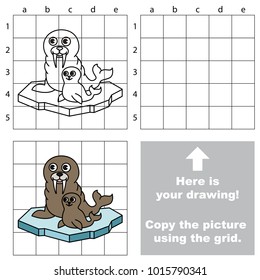 Copy the picture using grid lines, the simple educational game for preschool children education with easy gaming level, the kid drawing game with Mom and her baby Walrus