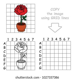 Copy the Picture Using Grid Lines, the Simple Educational Game for Preschool Children Education with Easy Gaming Level, the Kid Drawing Game with Beautiful Red Rose