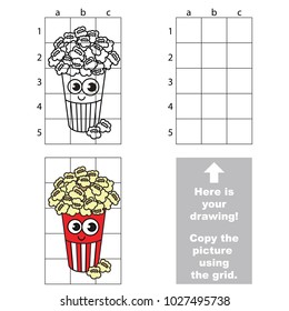 Copy the picture using grid lines, the vertical narrow simple educational game for preschool children education with easy gaming level, the kid drawing game with Funny Popcorn