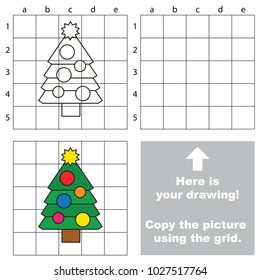Copy the picture using grid lines, the simple educational game for preschool children education with easy gaming level, the kid drawing game with New Year Tree