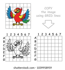 Copy the Picture Using Grid Lines, the Simple Educational Game for Preschool Children Education with Easy Gaming Level, the Kid Drawing Game with Beautiful Parrot