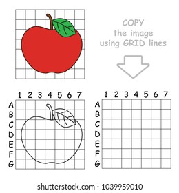 Copy the Picture Using Grid Lines, the Simple Educational Game for Preschool Children Education with Easy Gaming Level, the Kid Drawing Game with Beautiful Red Apple