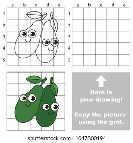 Copy the picture using grid lines, the simple educational game for preschool children education with easy gaming level, the kid drawing game with funny avocado
