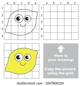 Copy the picture using grid lines, the simple educational game for preschool children education with easy gaming level, the kid drawing game with funny lemon