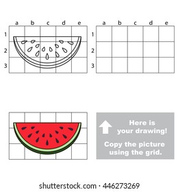 Copy the picture using grid lines. Easy educational game for kids. Simple kid drawing game with Watermelon slice