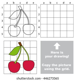 Copy the picture using grid lines. Easy educational game for kids. Simple kid drawing game with Cherry