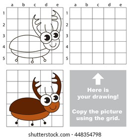 Copy the picture using grid lines. Easy educational game for kids. Simple kid drawing game with Corn beetle.