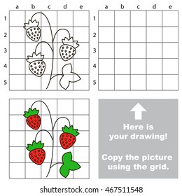 Copy the picture using grid lines. Easy educational game for kids. Simple kid drawing game with Red Wild Strawberry.