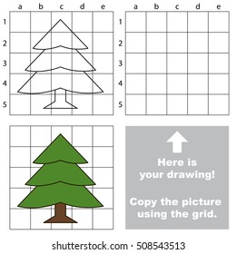 Copy the picture using grid lines, the simple educational game for preschool kids with easy education game level, the kid drawing game with Evergreen tree.