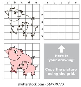 Copy the picture using grid lines, the kid drawing game with Piggy and her little baby.