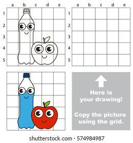 Copy the picture using grid lines, the simple educational game for preschool children education with easy gaming level, the kid drawing game with Water Bottle and Red Apple.
