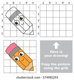 Copy the picture using grid lines, the simple educational game for preschool children education with easy gaming level, the kid drawing game with Cute Orange Pencil.