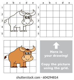 Copy the picture using grid lines, the simple educational game for preschool children education with easy gaming level, the kid drawing game with Bull