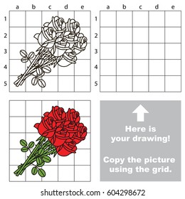 Copy the picture using grid lines, the simple educational game for preschool children education with easy gaming level, the kid drawing game with Roses Bouquet