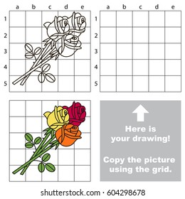 Copy the picture using grid lines, the simple educational game for preschool children education with easy gaming level, the kid drawing game with Roses Bouquet