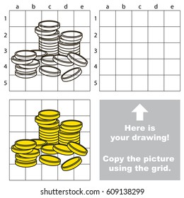 Copy the picture using grid lines, the simple educational game for preschool children education with easy gaming level, the kid drawing game with Many Cash Gold Coins
