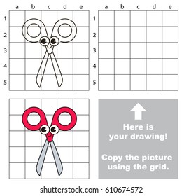 Copy the picture using grid lines, the simple educational game for preschool children education with easy gaming level, the kid drawing game with Red Scissors