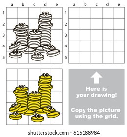 Copy the picture using grid lines, the simple educational game for preschool children education with easy gaming level, the kid drawing game with Gold Cash Coins