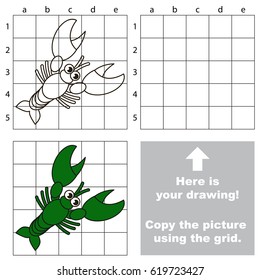 Copy the picture using grid lines, the simple educational game for preschool children education with easy gaming level, the kid drawing game with Funny Crayfish
